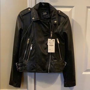 Zara New Black Leather Biker Jacket
